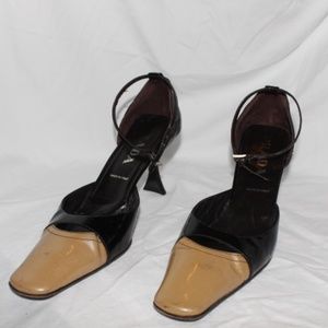 Prada square toe gold tip heels